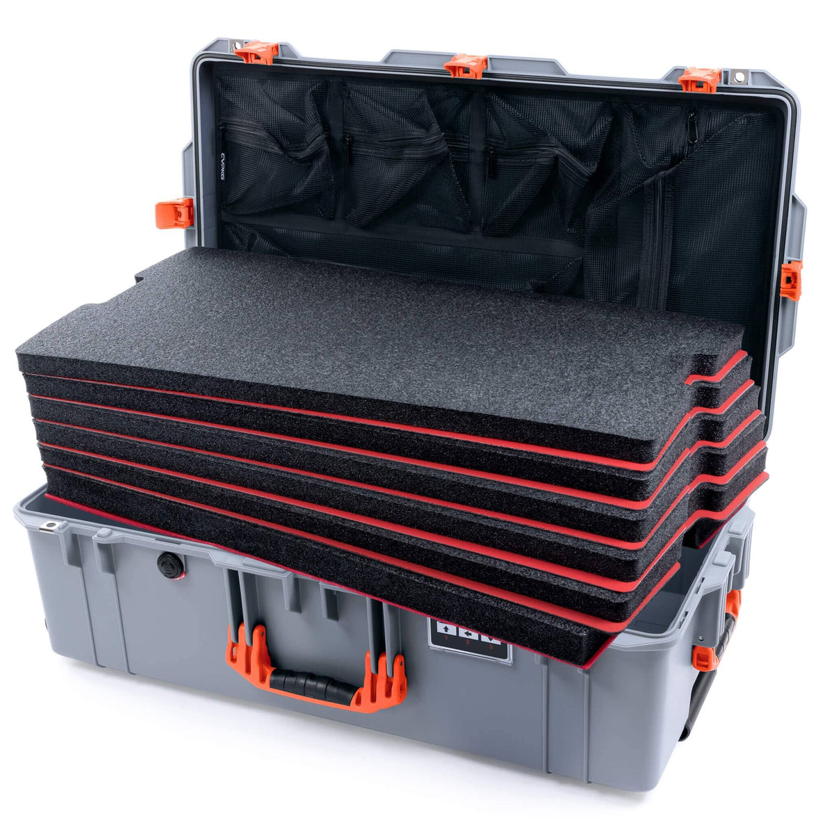 Pelican 1615 Air Case - Silver &amp; Orange Custom Tool Kit (6 Foam Inserts with Mesh Lid Organizer) ColorCase 016150-0160-180-151