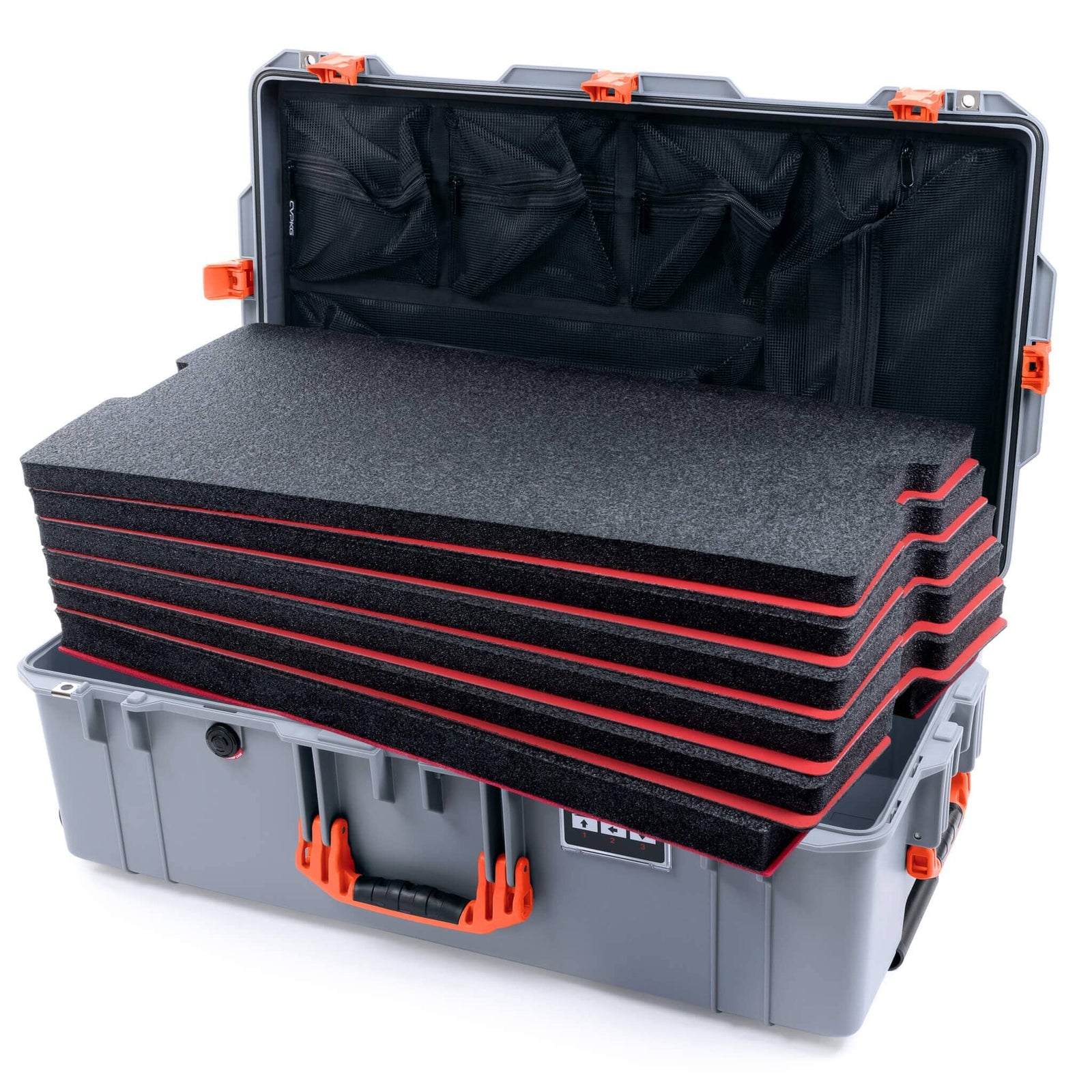 Pelican 1615 Air Case - Silver & Orange Custom Tool Kit (6 Foam Inserts with Mesh Lid Organizer) ColorCase 016150-0160-180-151