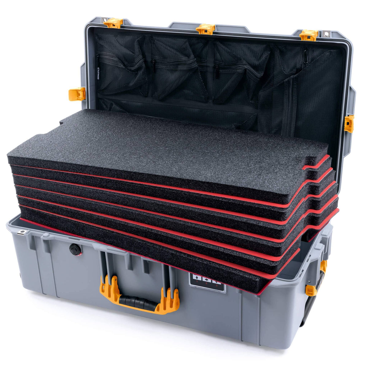 Pelican 1615 Air Case - Silver &amp; Yellow Custom Tool Kit (6 Foam Inserts with Mesh Lid Organizer) ColorCase 016150-0160-180-241