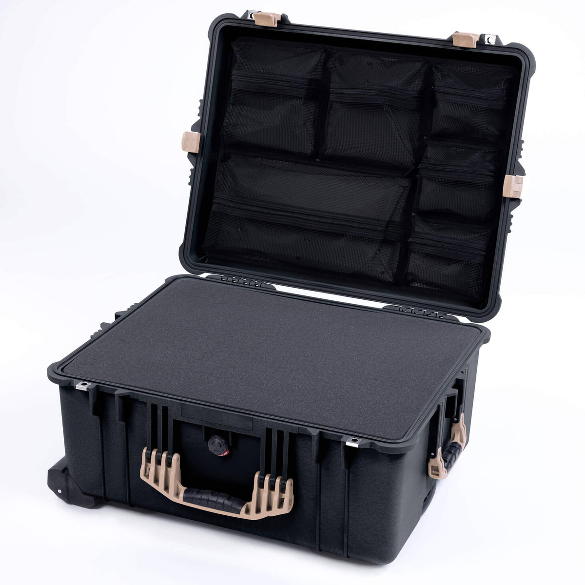 Pelican 1620 Case, Black with Desert Tan Handles &amp; Latches Pick &amp; Pluck Foam with Mesh Lid Organizer ColorCase 016200-0101-110-310