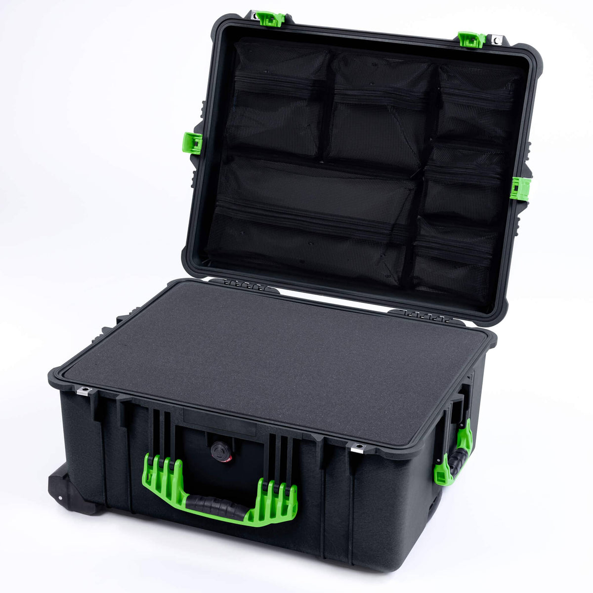 Pelican 1620 Case, Black with Lime Green Handles &amp; Push-Button Latches Pick &amp; Pluck Foam with Mesh Lid Organizer ColorCase 016200-0101-110-301