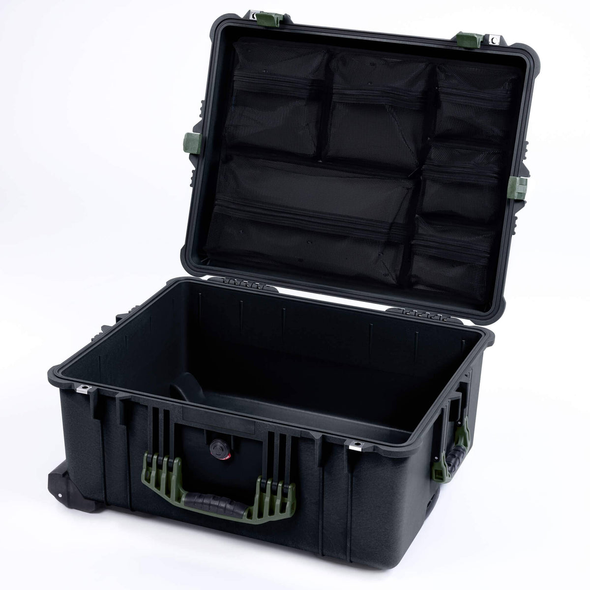 Pelican 1620 Case, Black with OD Green Handles &amp; Latches Mesh Lid Organizer Only ColorCase 016200-0100-110-130