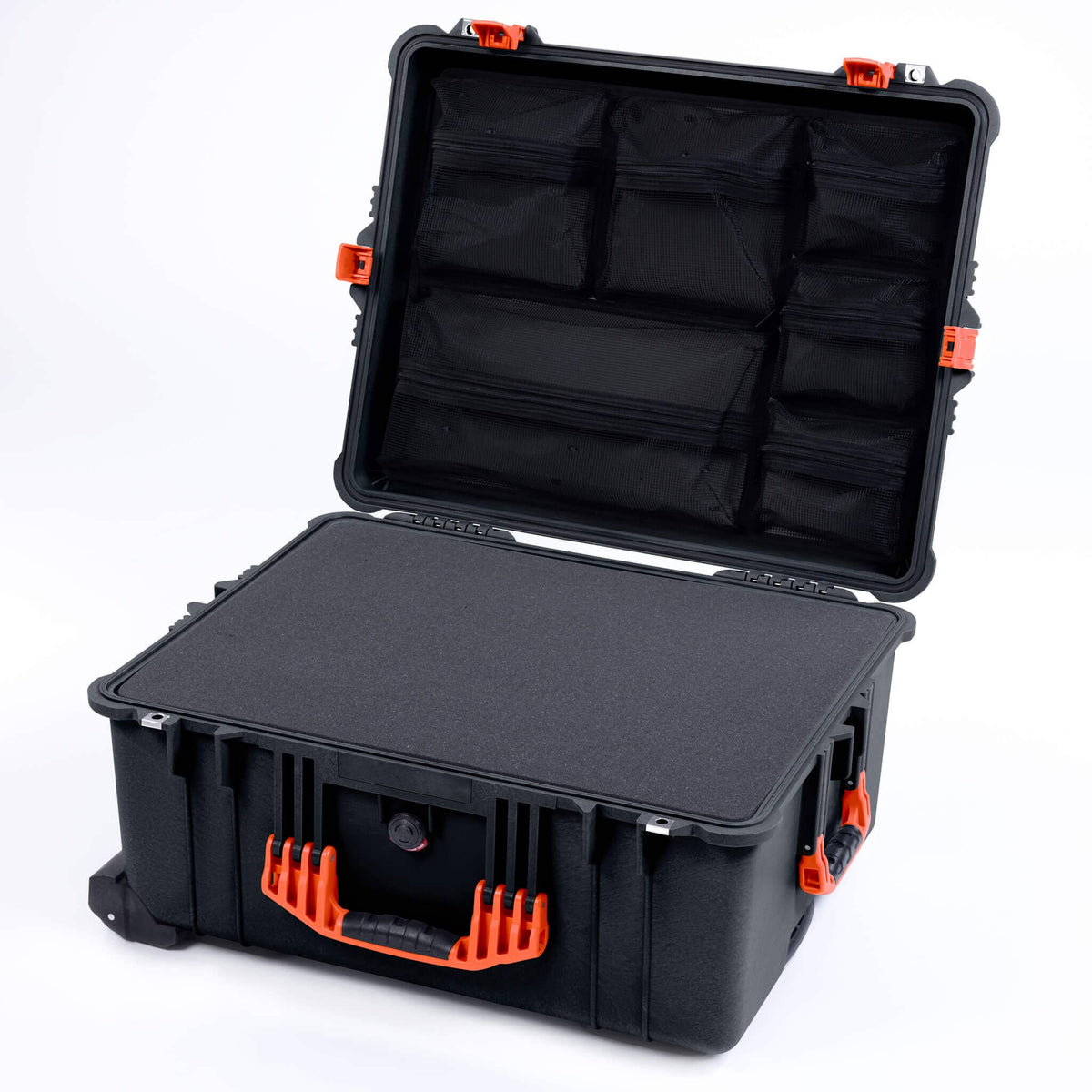 Pelican 1620 Case, Black with Orange Handles &amp; Push-Button Latches Pick &amp; Pluck Foam with Mesh Lid Organizer ColorCase 016200-0101-110-151
