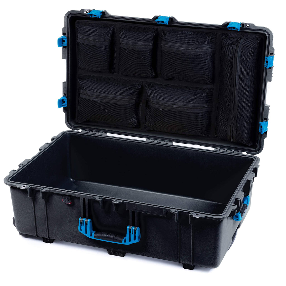 Pelican 1650 Case, Black with Blue Handles &amp; Push-Button Latches Mesh Lid Organizer Only ColorCase 016500-0100-110-121