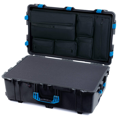 Pelican 1650 Case, Black with Blue Handles & Latches Pick & Pluck Foam with Laptop Computer Lid Pouch ColorCase 016500-0201-110-120