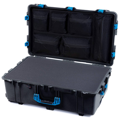 Pelican 1650 Case, Black with Blue Handles & Push-Button Latches Pick & Pluck Foam with Mesh Lid Organizer ColorCase 016500-0101-110-121