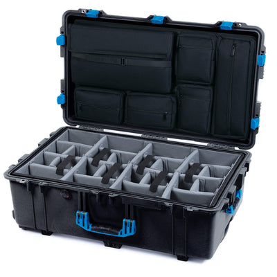 Pelican 1650 Case, Black with Blue Handles & Latches Gray Padded Microfiber Dividers with Laptop Computer Lid Pouch ColorCase 016500-0270-110-120