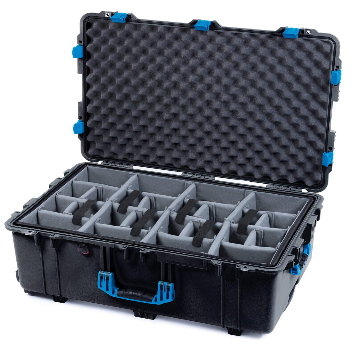 Pelican 1650 Case, Black with Blue Handles &amp; Latches Gray Padded Microfiber Dividers with Convoluted Lid Foam ColorCase 016500-0070-110-120