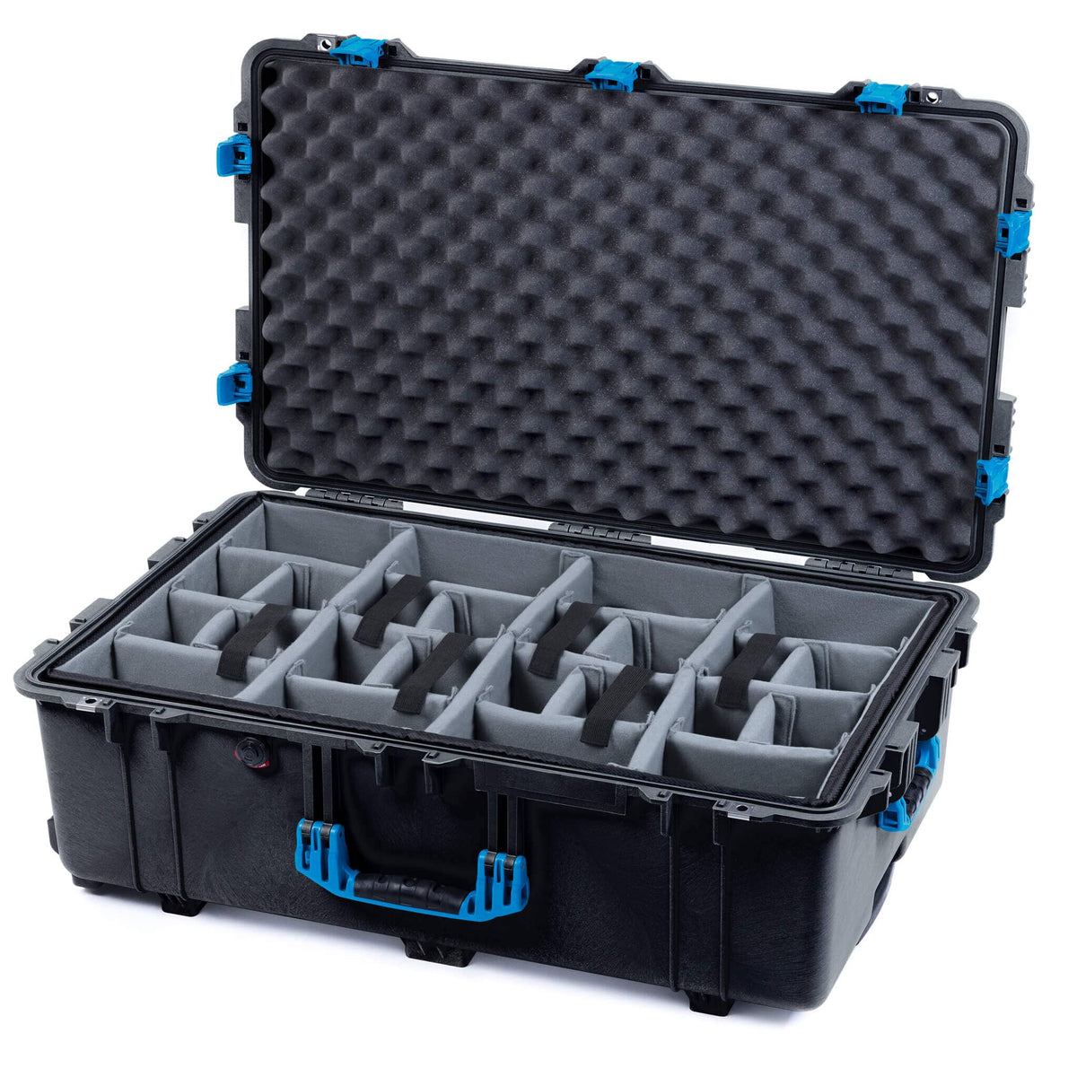 Pelican 1650 Case, Black with Blue Handles &amp; Push-Button Latches Gray Padded Microfiber Dividers with Convoluted Lid Foam ColorCase 016500-0070-110-121