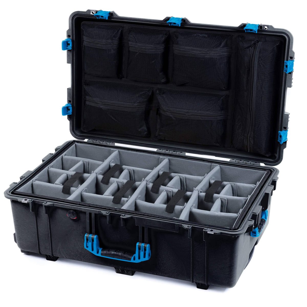 Pelican 1650 Case, Black with Blue Handles &amp; Push-Button Latches Gray Padded Microfiber Dividers with Mesh Lid Organizer ColorCase 016500-0170-110-121