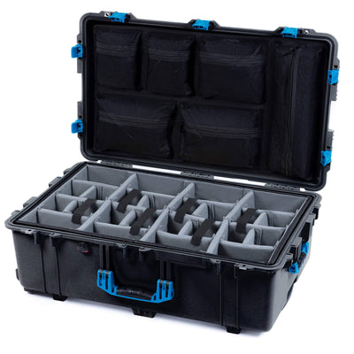 Pelican 1650 Case, Black with Blue Handles & Push-Button Latches Gray Padded Microfiber Dividers with Mesh Lid Organizer ColorCase 016500-0170-110-121
