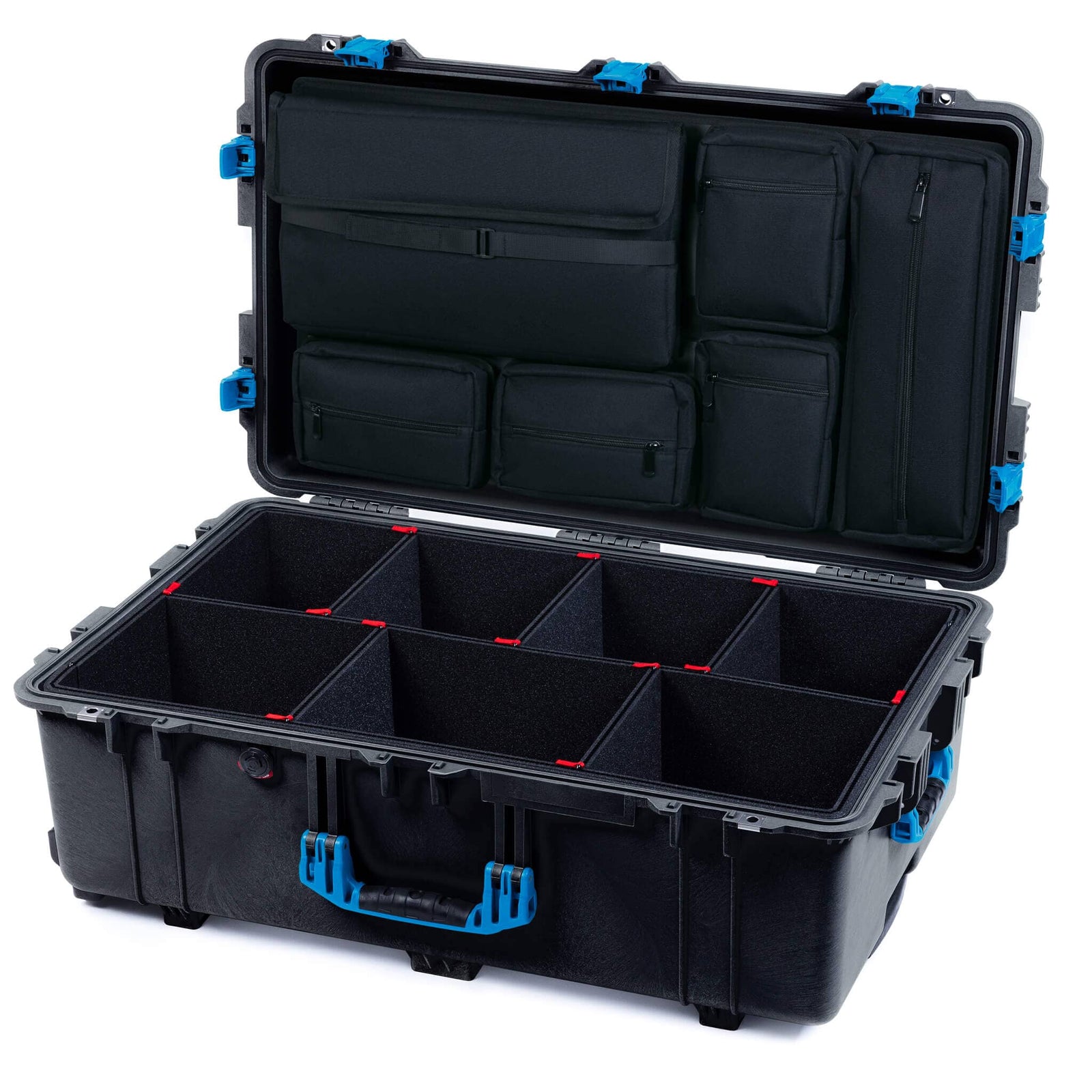 Pelican 1650 Case, Black with Blue Handles & Push-Button Latches TrekPak Divider System with Laptop Computer Pouch ColorCase 016500-0220-110-121