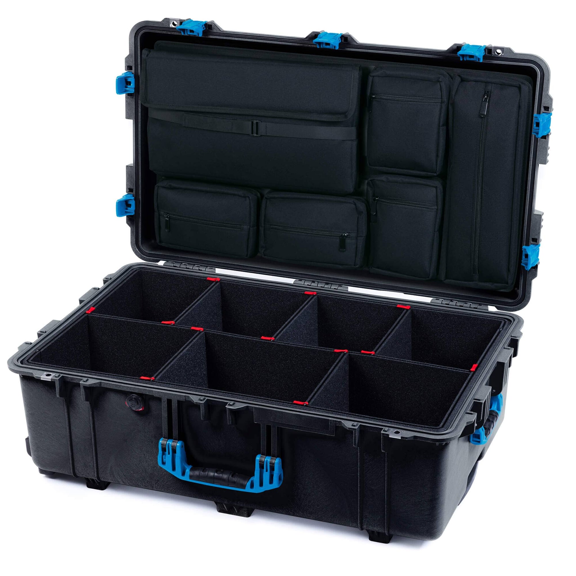 Pelican 1650 Case, Black with Blue Handles & Push-Button Latches TrekPak Divider System with Laptop Computer Pouch ColorCase 016500-0220-110-121