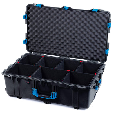 Pelican 1650 Case, Black with Blue Handles & Push-Button Latches TrekPak Divider System with Convoluted Lid Foam ColorCase 016500-0020-110-121