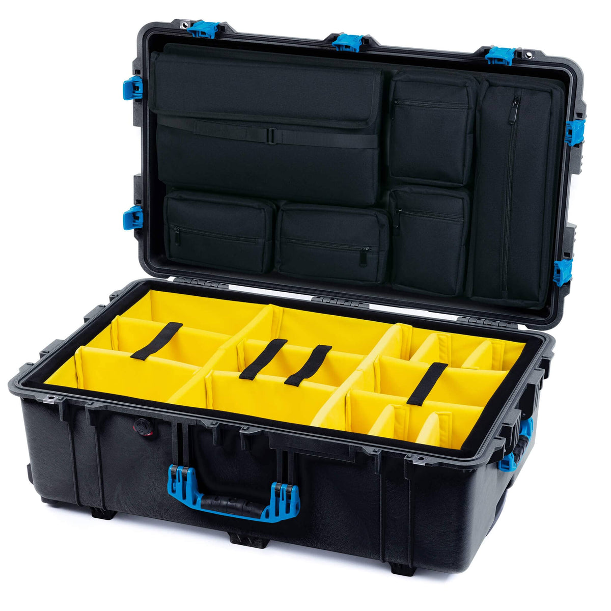 Pelican 1650 Case, Black with Blue Handles &amp; Push-Button Latches Yellow Padded Microfiber Dividers with Laptop Computer Lid Pouch ColorCase 016500-0210-110-121