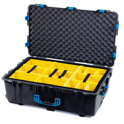 Pelican 1650 Case, Black with Blue Handles & Push-Button Latches Yellow Padded Microfiber Dividers with Convoluted Lid Foam ColorCase 016500-0010-110-121