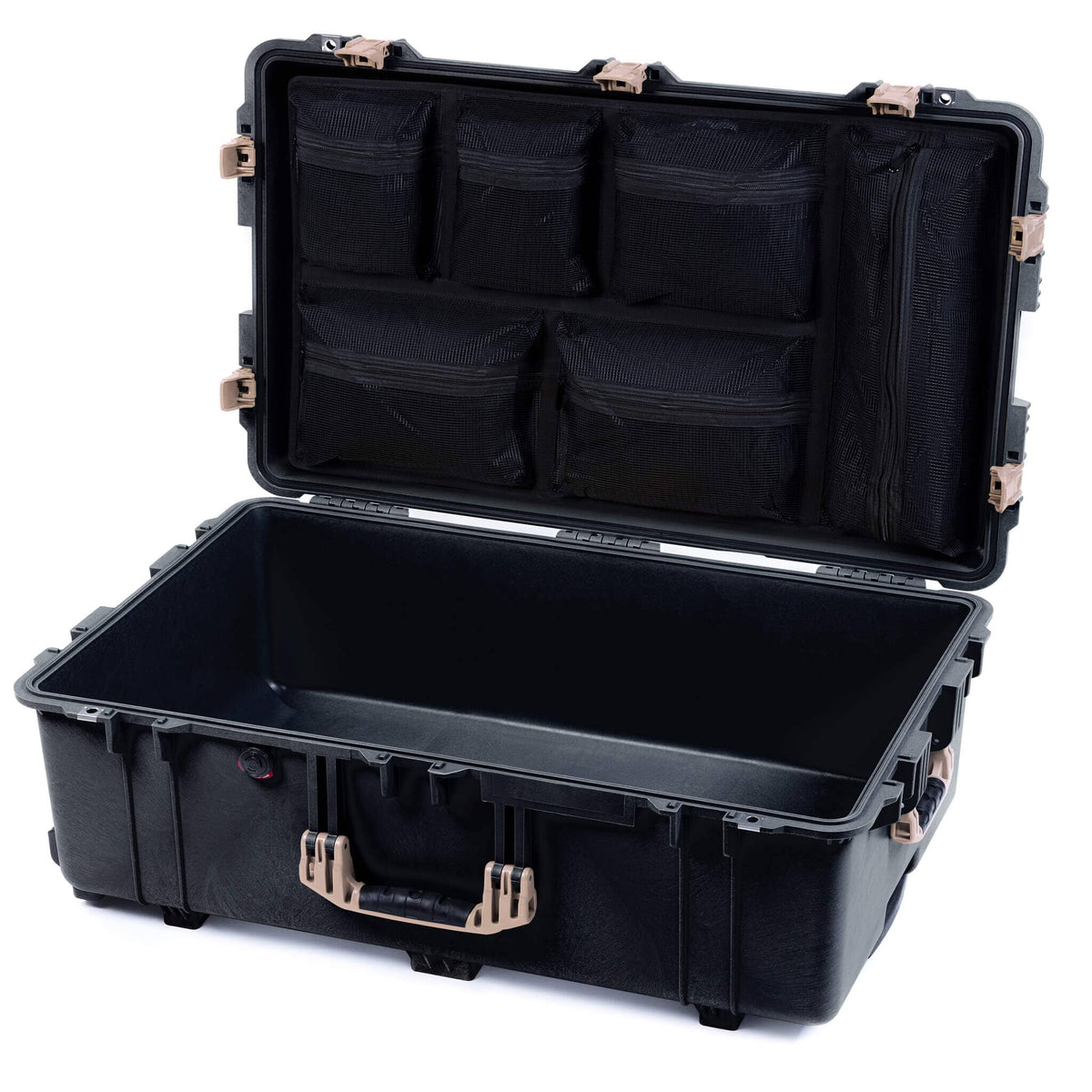 Pelican 1650 Case, Black with Desert Tan Handles &amp; Push-Button Latches Mesh Lid Organizer Only ColorCase 016500-0100-110-311
