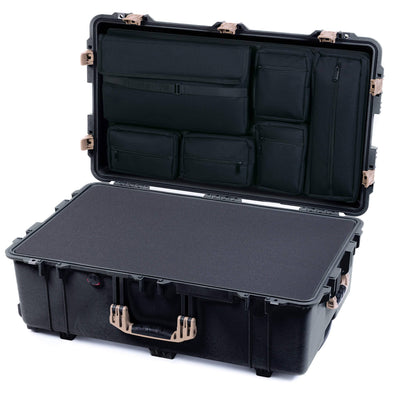 Pelican 1650 Case, Black with Desert Tan Handles & Push-Button Latches Pick & Pluck Foam with Laptop Computer Lid Pouch ColorCase 016500-0201-110-311