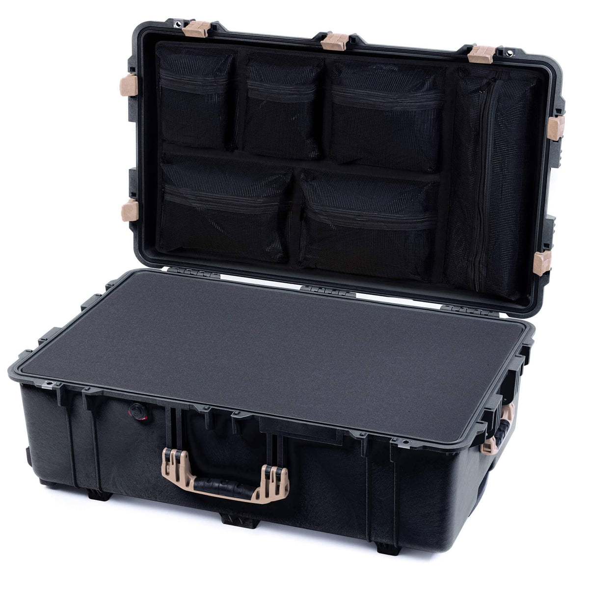 Pelican 1650 Case, Black with Desert Tan Handles &amp; Latches Pick &amp; Pluck Foam with Mesh Lid Organizer ColorCase 016500-0101-110-310