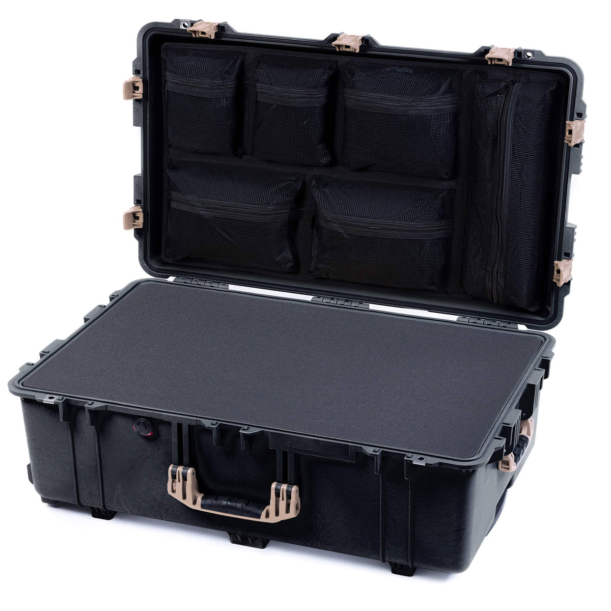 Pelican 1650 Case, Black with Desert Tan Handles &amp; Push-Button Latches Pick &amp; Pluck Foam with Mesh Lid Organizer ColorCase 016500-0101-110-311