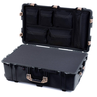 Pelican 1650 Case, Black with Desert Tan Handles & Push-Button Latches Pick & Pluck Foam with Mesh Lid Organizer ColorCase 016500-0101-110-311