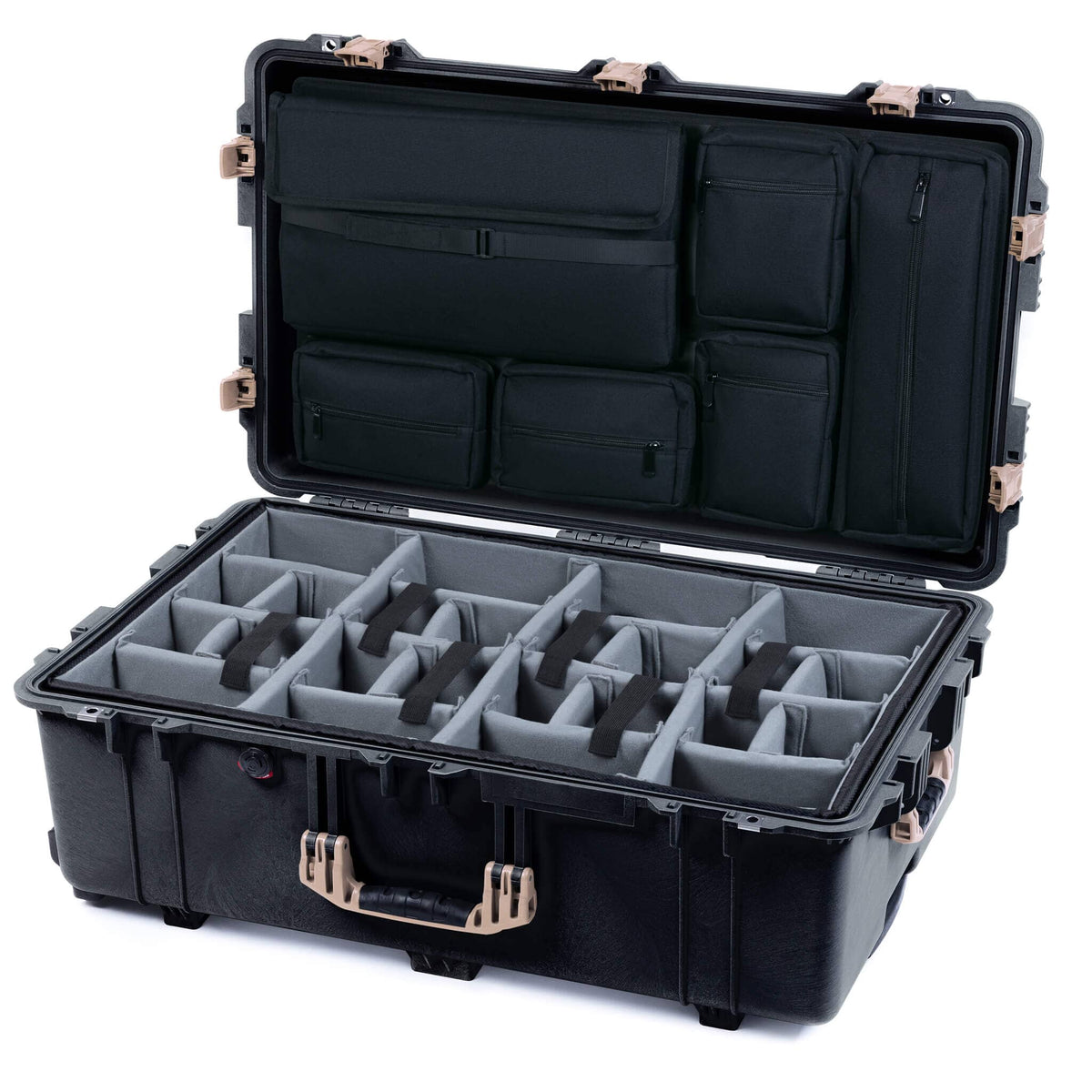 Pelican 1650 Case, Black with Desert Tan Handles &amp; Push-Button Latches Gray Padded Microfiber Dividers with Laptop Computer Lid Pouch ColorCase 016500-0270-110-311