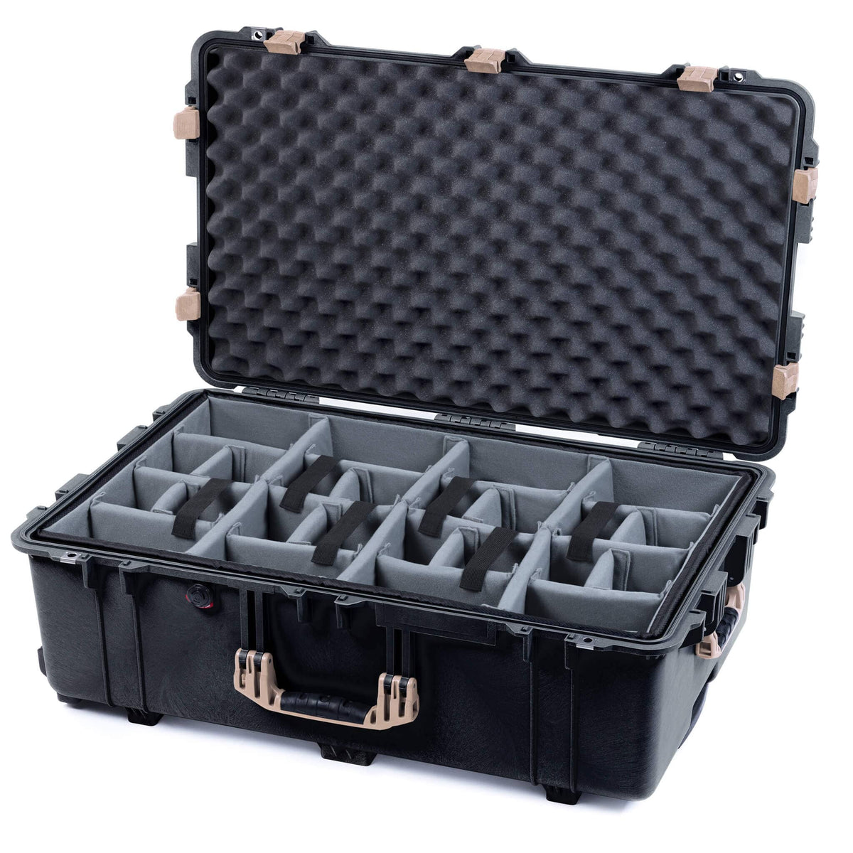 Pelican 1650 Case, Black with Desert Tan Handles &amp; Latches Gray Padded Dividers with Convoluted Lid Foam ColorCase 016500-0070-110-310