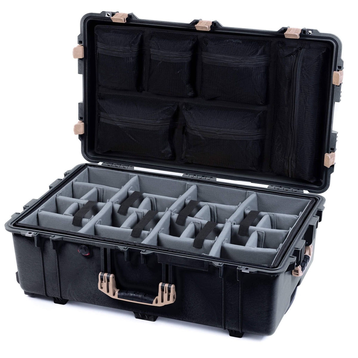 Pelican 1650 Case, Black with Desert Tan Handles &amp; Latches Gray Padded Microfiber Dividers with Mesh Lid Organizer ColorCase 016500-0170-110-310