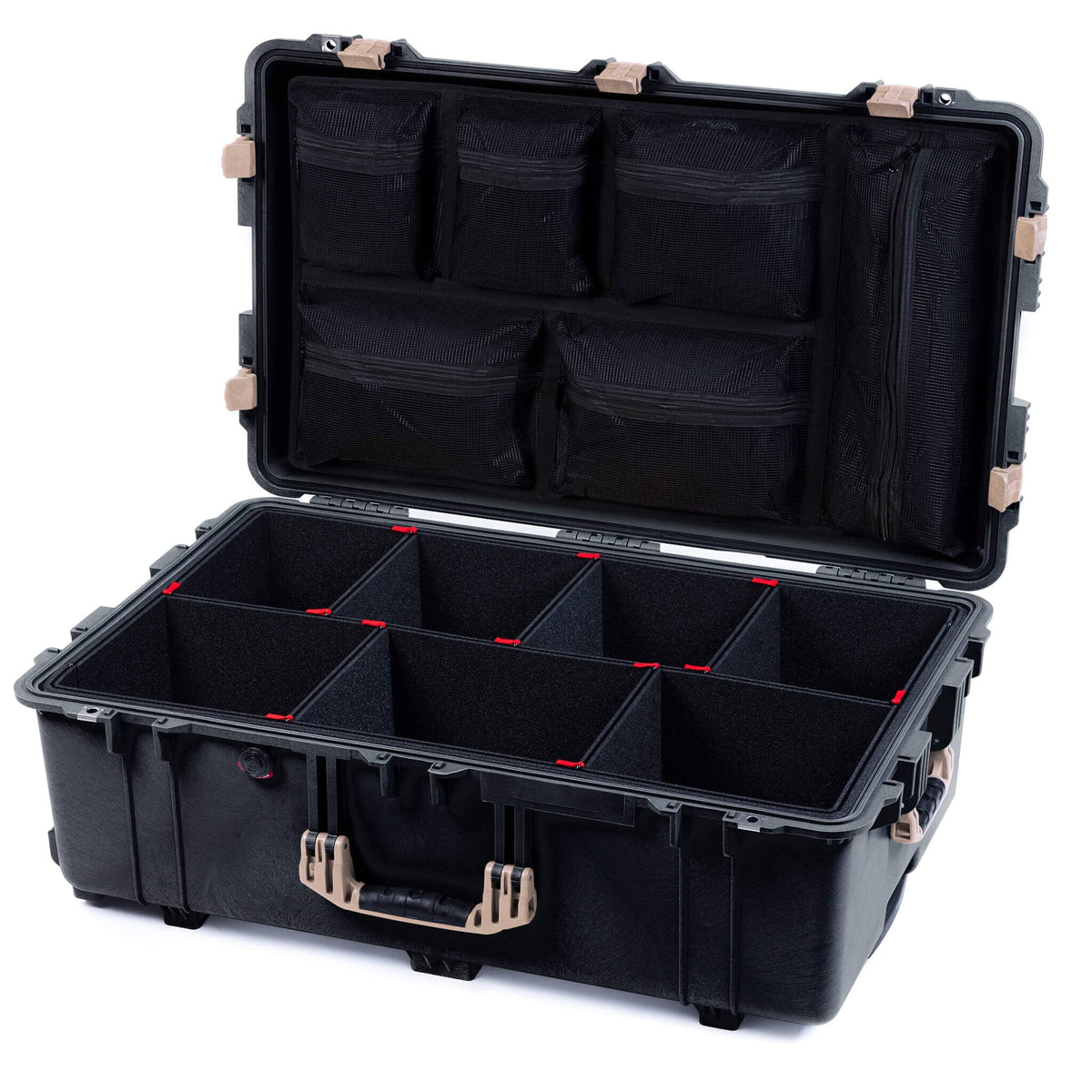 Pelican 1650 Case, Black with Desert Tan Handles &amp; Latches TrekPak Divider System with Mesh Lid Organizer ColorCase 016500-0120-110-310