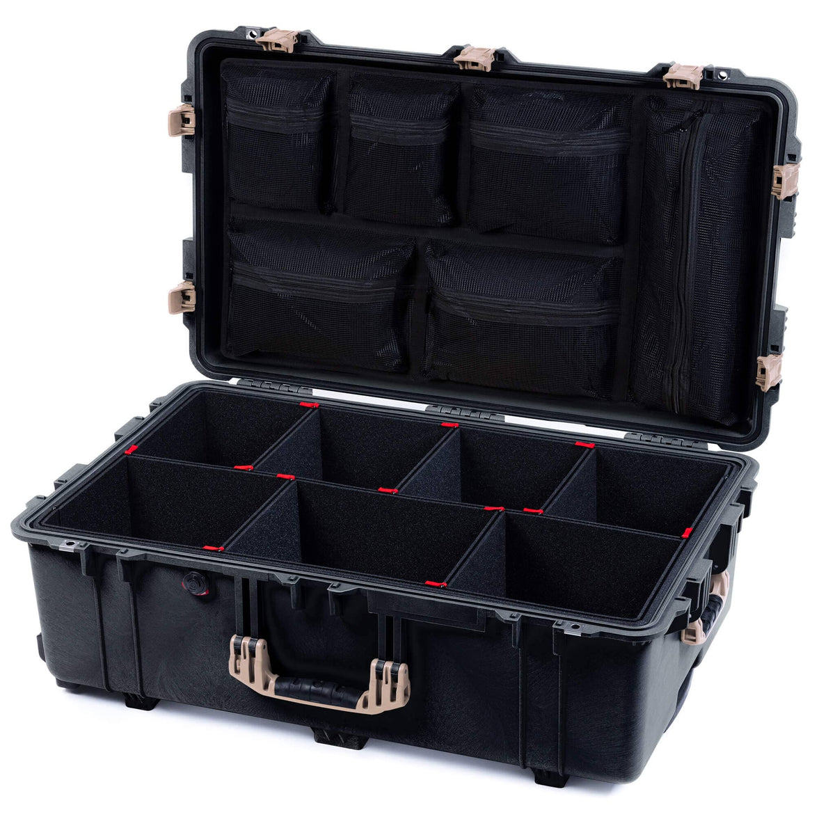 Pelican 1650 Case, Black with Desert Tan Handles &amp; Push-Button Latches TrekPak Divider System with Mesh Lid Organizer ColorCase 016500-0120-110-311