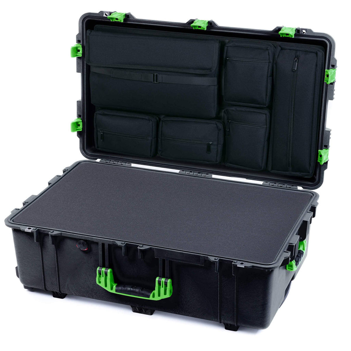 Pelican 1650 Case, Black with Lime Green Handles &amp; Push-Button Latches Pick &amp; Pluck Foam with Laptop Computer Lid Pouch ColorCase 016500-0201-110-301