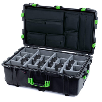 Pelican 1650 Case, Black with Lime Green Handles & Latches Gray Padded Microfiber Dividers with Laptop Computer Lid Pouch ColorCase 016500-0270-110-300
