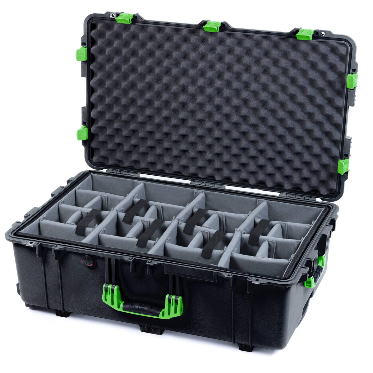 Pelican 1650 Case, Black with Lime Green Handles &amp; Latches Gray Padded Microfiber Dividers with Convoluted Lid Foam ColorCase 016500-0070-110-300