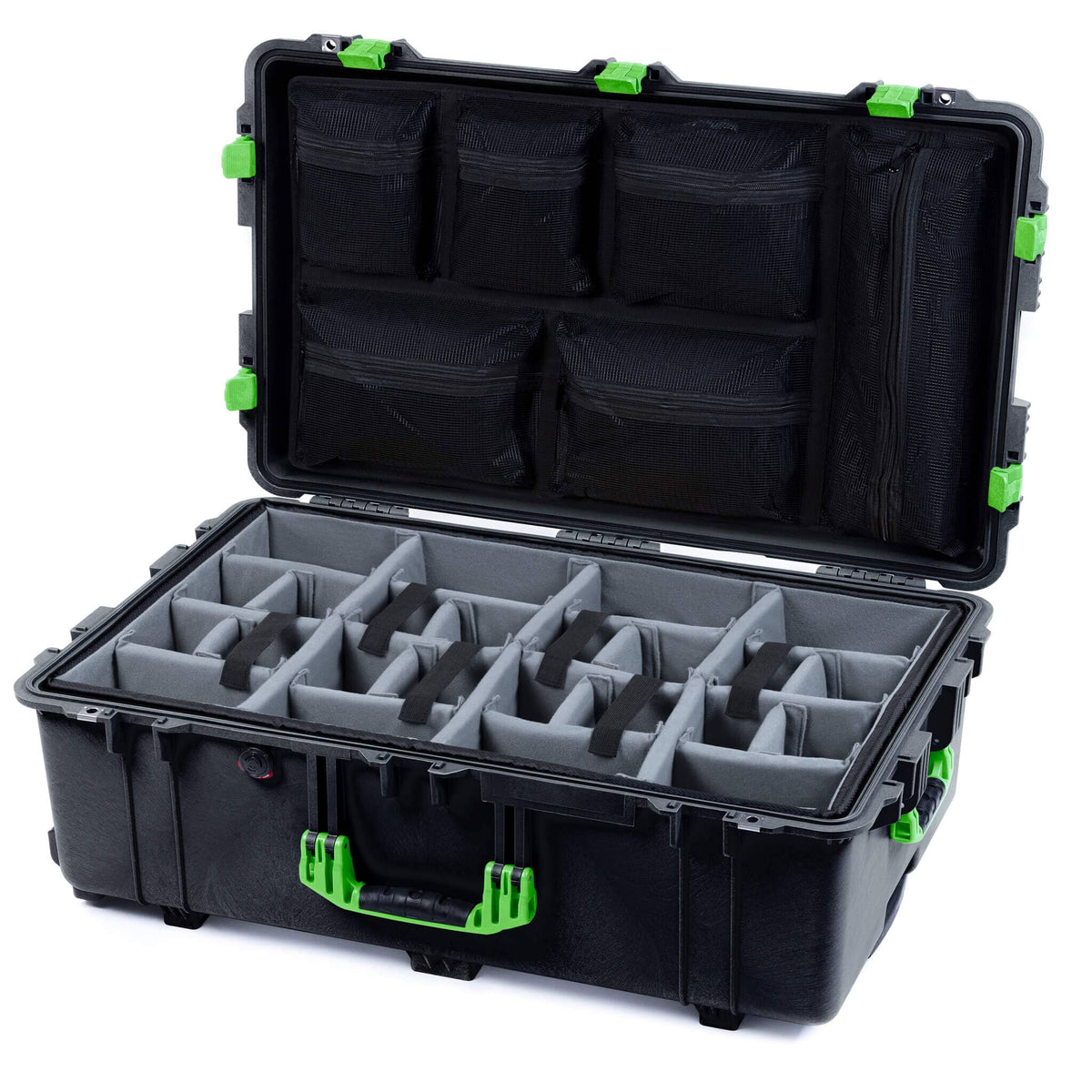 Pelican 1650 Case, Black with Lime Green Handles &amp; Latches Gray Padded Microfiber Dividers with Mesh Lid Organizer ColorCase 016500-0170-110-300