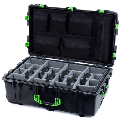 Pelican 1650 Case, Black with Lime Green Handles & Push-Button Latches Gray Padded Microfiber Dividers with Mesh Lid Organizer ColorCase 016500-0170-110-301