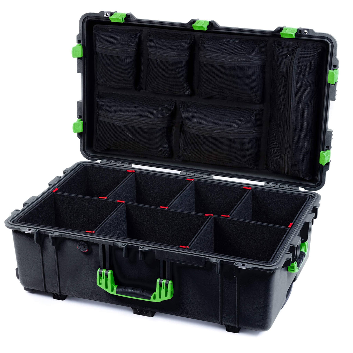 Pelican 1650 Case, Black with Lime Green Handles &amp; Latches TrekPak Divider System with Mesh Lid Organizer ColorCase 016500-0120-110-300
