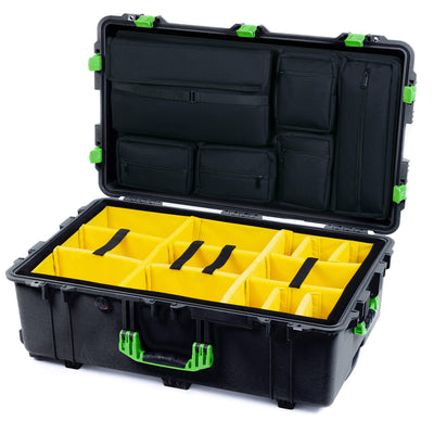 Pelican 1650 Case, Black with Lime Green Handles & Latches Yellow Padded Microfiber Dividers with Laptop Computer Lid Pouch ColorCase 016500-0210-110-300