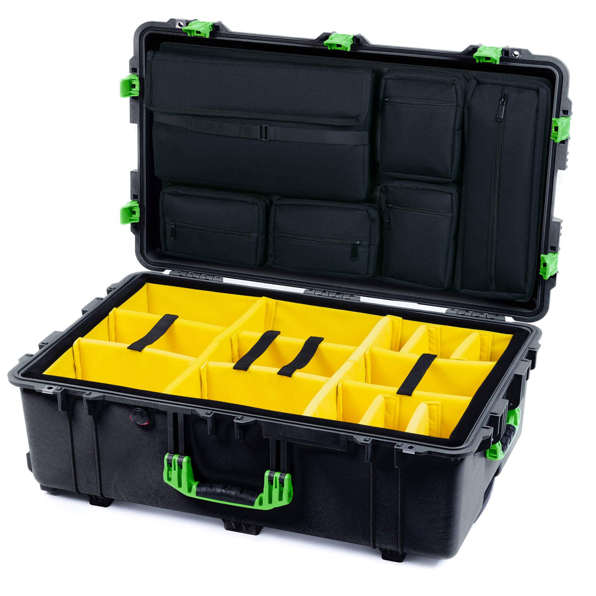 Pelican 1650 Case, Black with Lime Green Handles &amp; Push-Button Latches Yellow Padded Microfiber Dividers with Laptop Computer Lid Pouch ColorCase 016500-0210-110-301