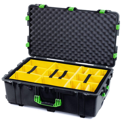 Pelican 1650 Case, Black with Lime Green Handles & Latches Yellow Padded Microfiber Dividers with Convoluted Lid Foam ColorCase 016500-0010-110-300