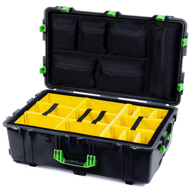 Pelican 1650 Case, Black with Lime Green Handles & Push-Button Latches Yellow Padded Microfiber Dividers with Mesh Lid Organizer ColorCase 016500-0110-110-301