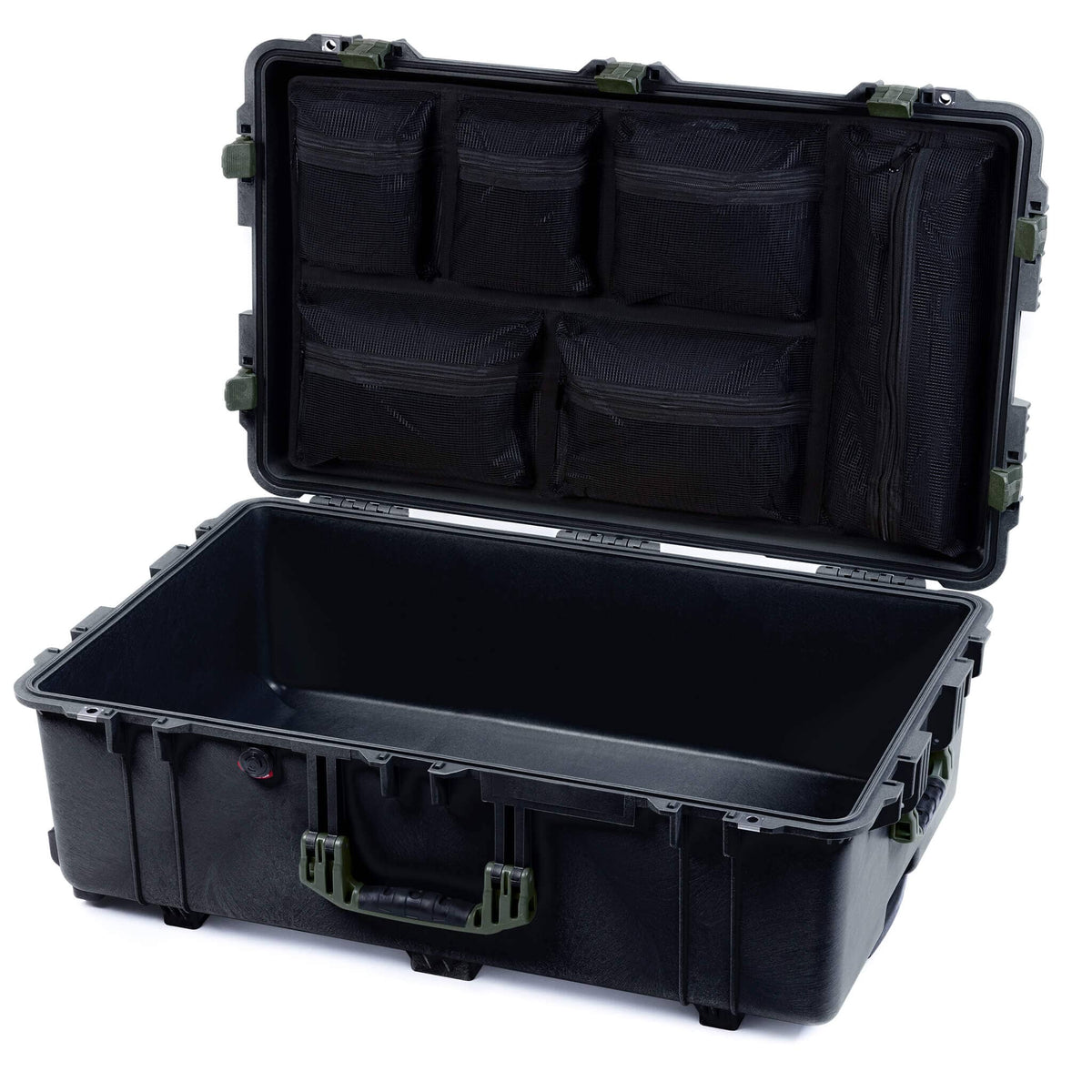 Pelican 1650 Case, Black with OD Green Handles &amp; Latches Mesh Lid Organizer Only ColorCase 016500-0100-110-130