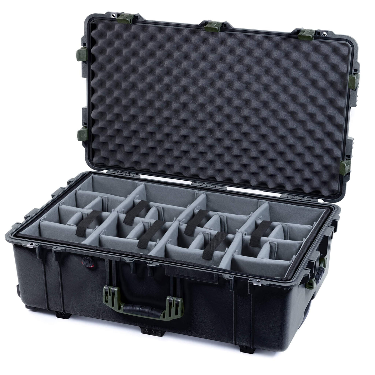 Pelican 1650 Case, Black with OD Green Handles &amp; Latches Gray Padded Microfiber Dividers with Convoluted Lid Foam ColorCase 016500-0070-110-130