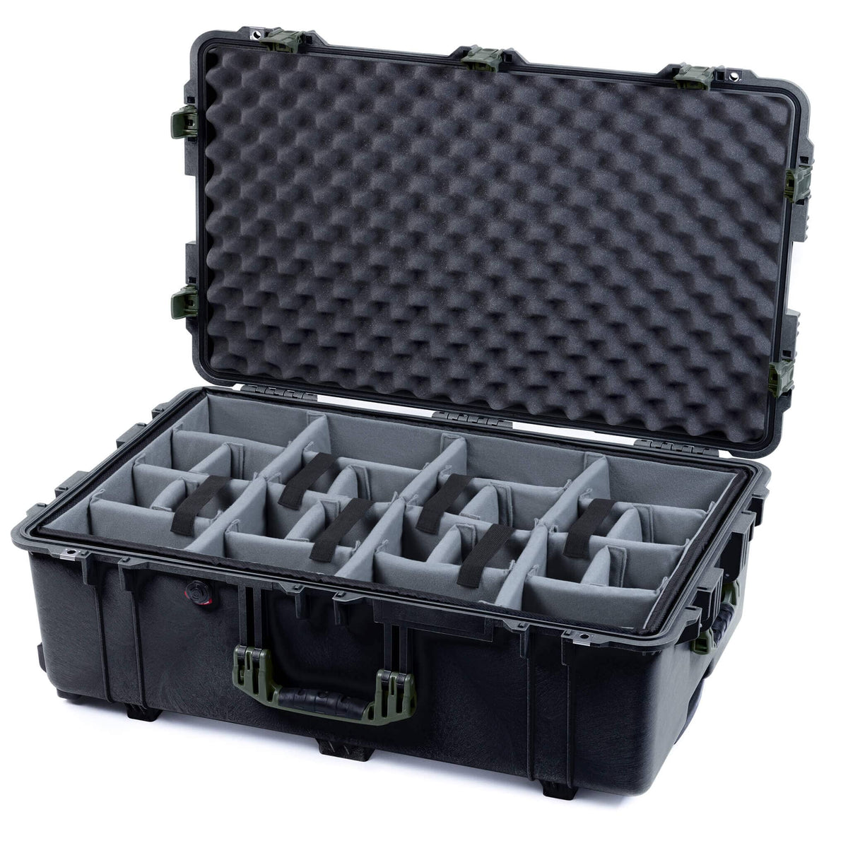 Pelican 1650 Case, Black with OD Green Handles &amp; Push-Button Latches Gray Padded Microfiber Dividers with Convoluted Lid Foam ColorCase 016500-0070-110-131
