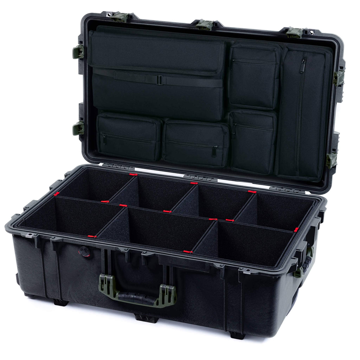 Pelican 1650 Case, Black with OD Green Handles &amp; Push-Button Latches TrekPak Divider System with Laptop Computer Pouch ColorCase 016500-0220-110-131
