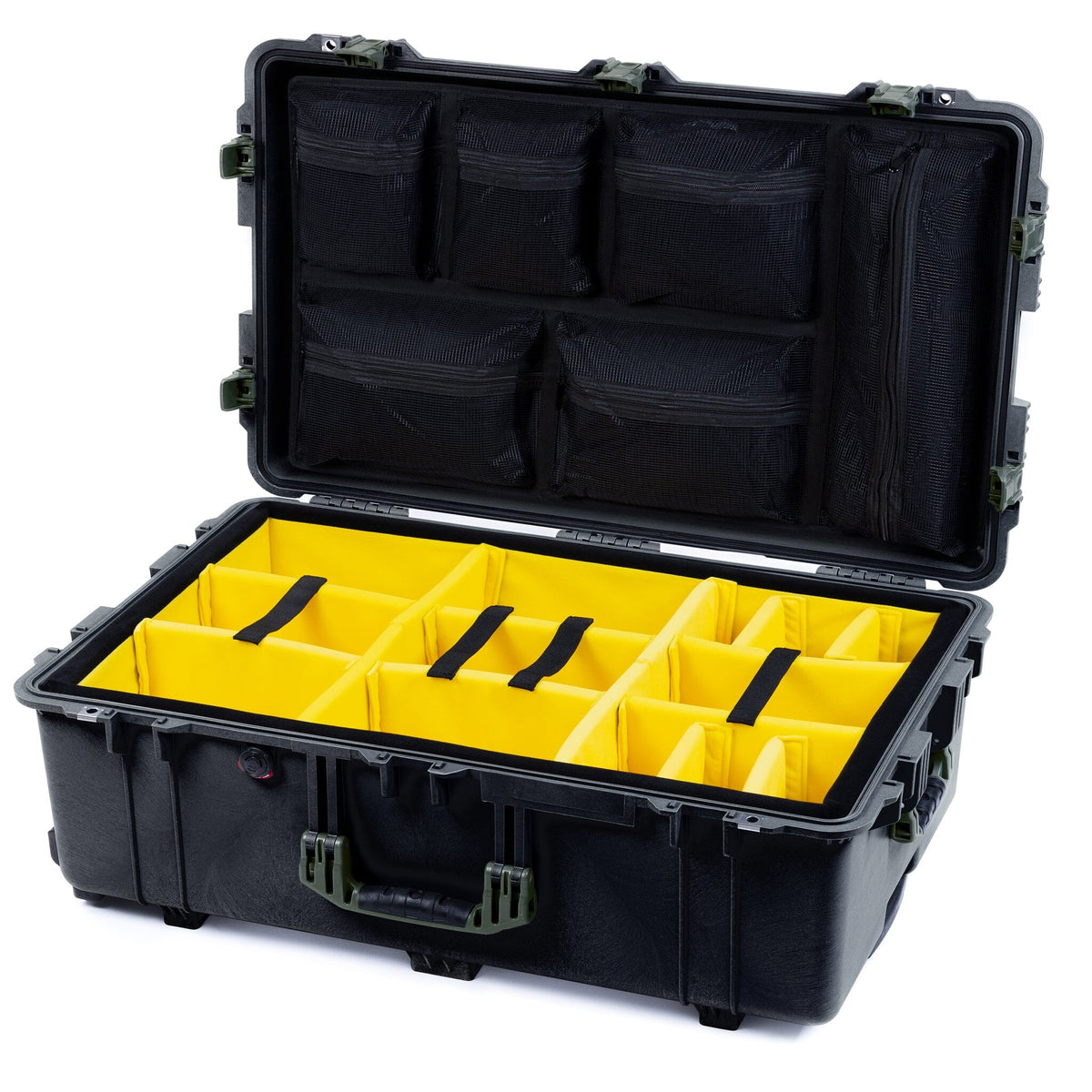 Pelican 1650 Case, Black with OD Green Handles &amp; Push-Button Latches Yellow Padded Microfiber Dividers with Mesh Lid Organizer ColorCase 016500-0110-110-131