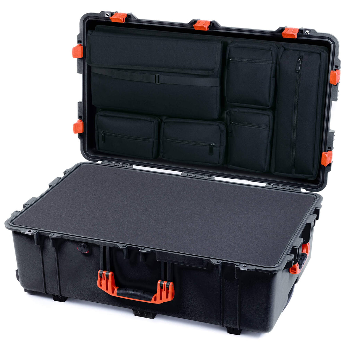 Pelican 1650 Case, Black with Orange Handles &amp; Latches Pick &amp; Pluck Foam with Laptop Computer Lid Pouch ColorCase 016500-0201-110-150