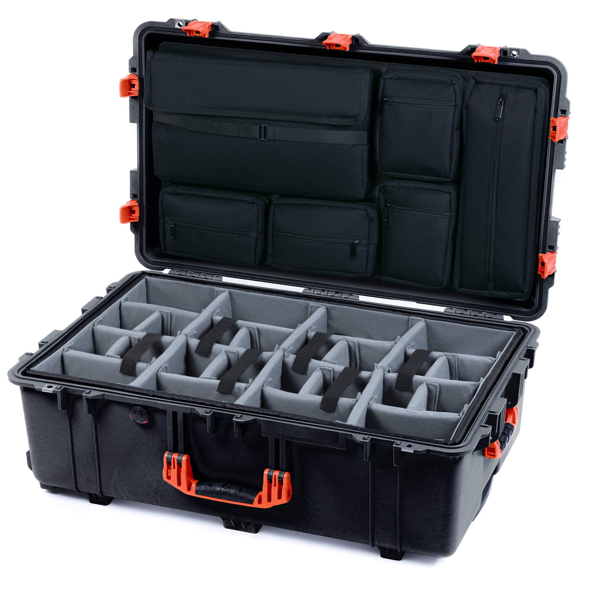 Pelican 1650 Case, Black with Orange Handles &amp; Push-Button Latches Gray Padded Microfiber Dividers with Laptop Computer Lid Pouch ColorCase 016500-0270-110-151
