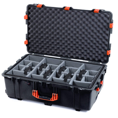 Pelican 1650 Case, Black with Orange Handles & Latches Gray Padded Microfiber Dividers with Convoluted Lid Foam ColorCase 016500-0070-110-150