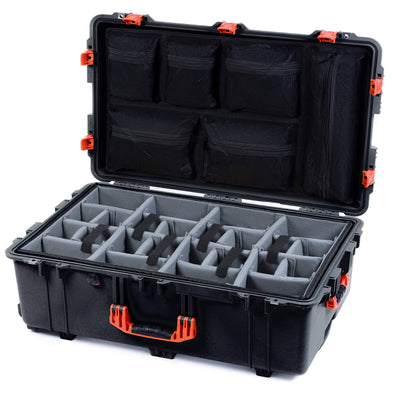 Pelican 1650 Case, Black with Orange Handles & Push-Button Latches Gray Padded Microfiber Dividers with Mesh Lid Organizer ColorCase 016500-0170-110-151