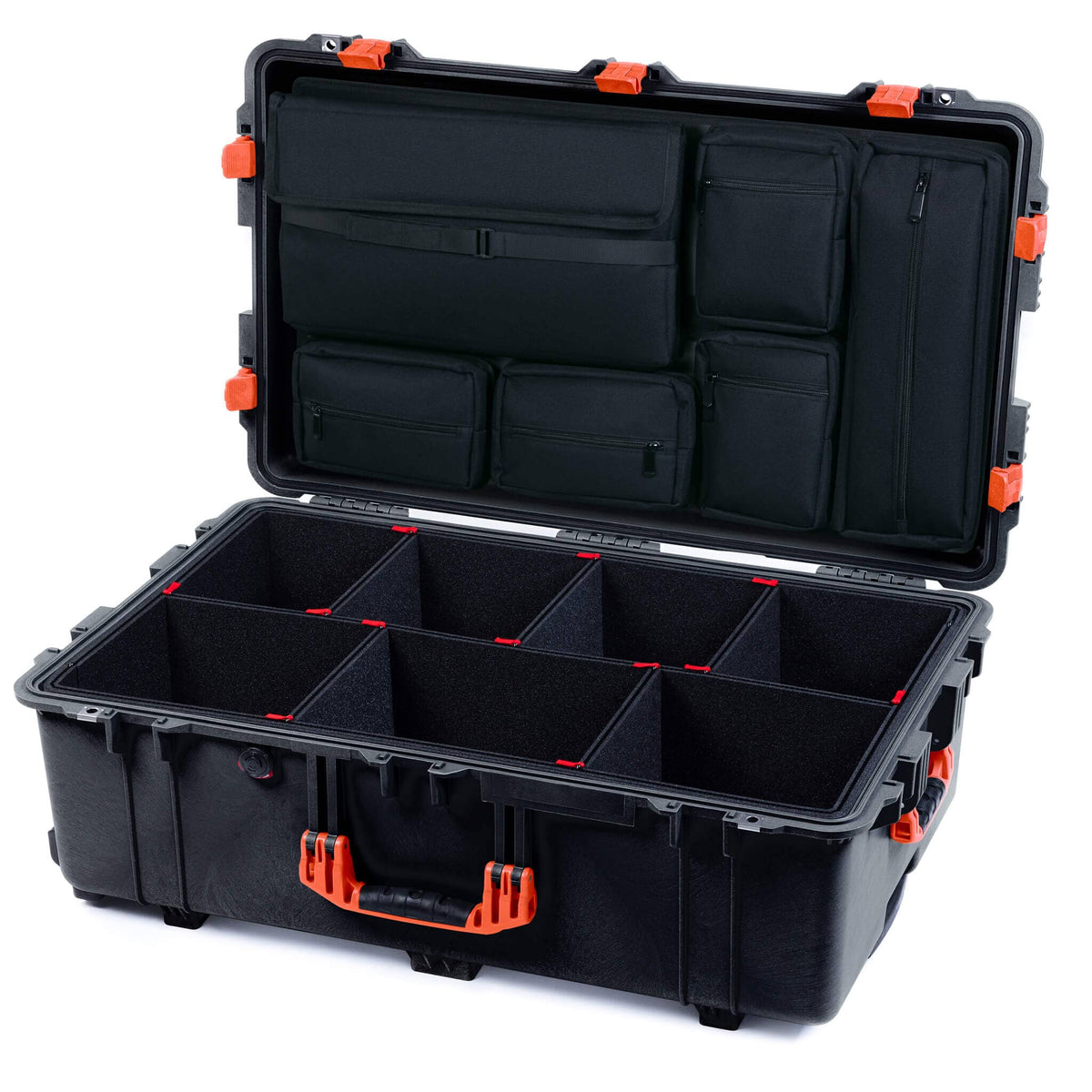 Pelican 1650 Case, Black with Orange Handles &amp; Latches TrekPak Divider System with Laptop Computer Pouch ColorCase 016500-0220-110-150